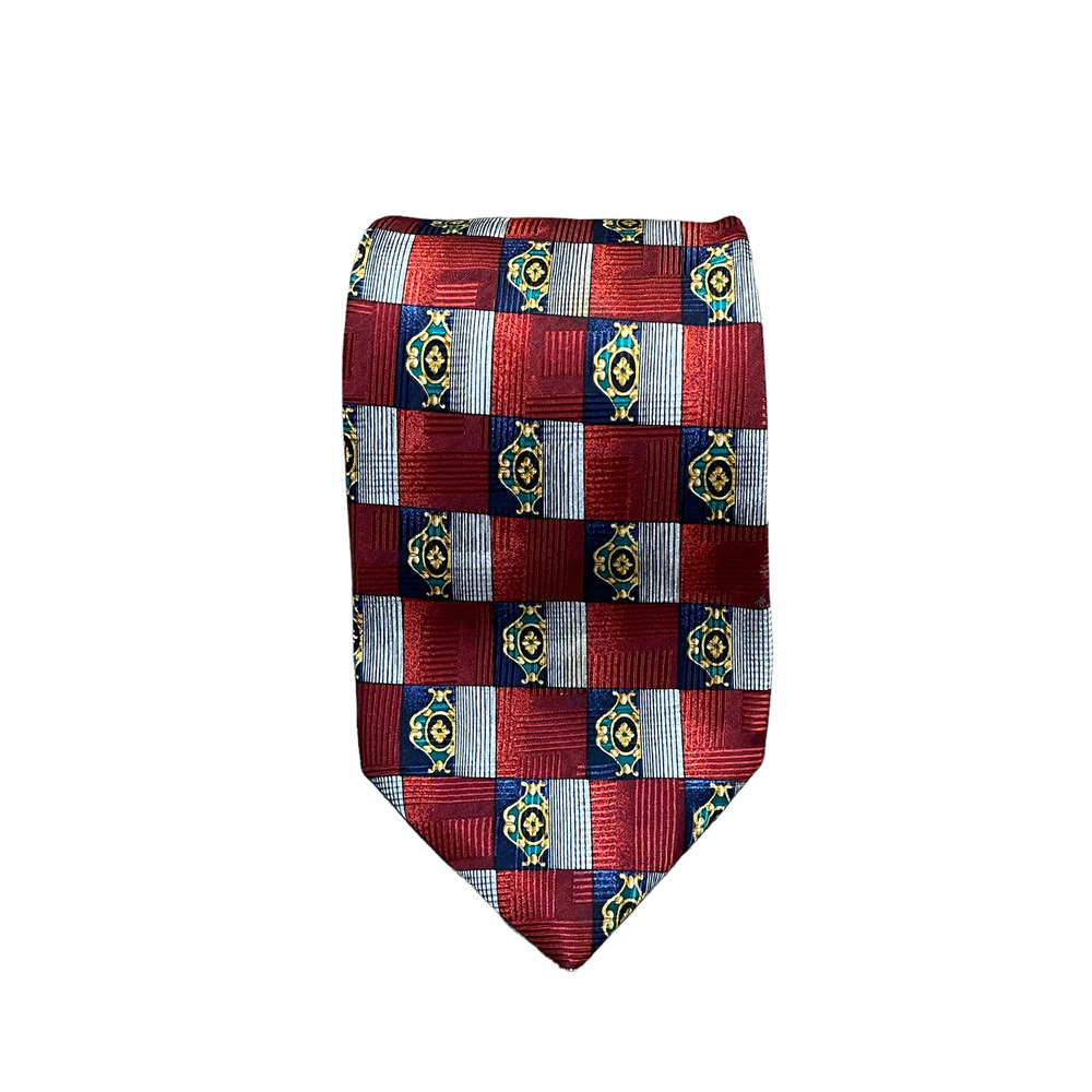 Robert Talbott Studio Mens Tie‎ Red Silver Blue Check Pattern 100% Silk 59"LX4"W
